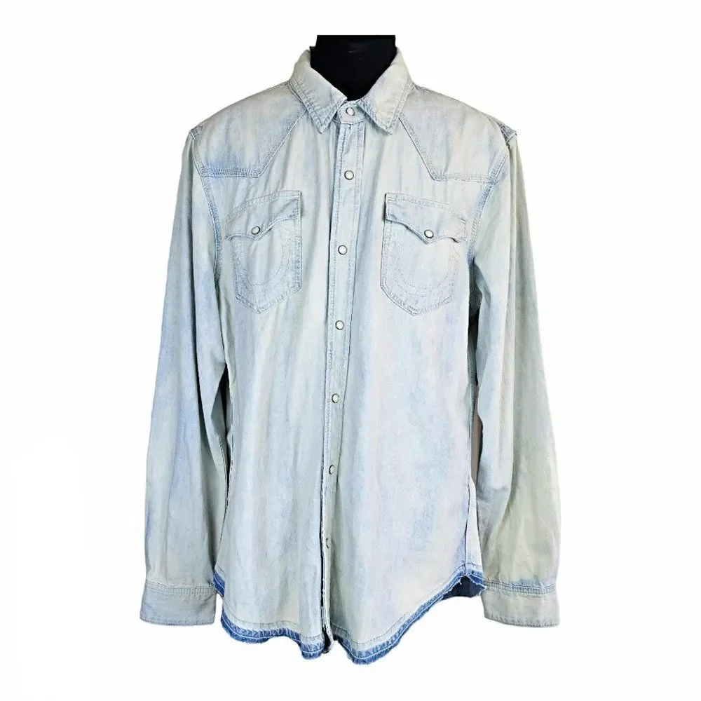 True Religion Denim Pearl Snap Shirt Western Cotton Light Wash Size 2XL/TG